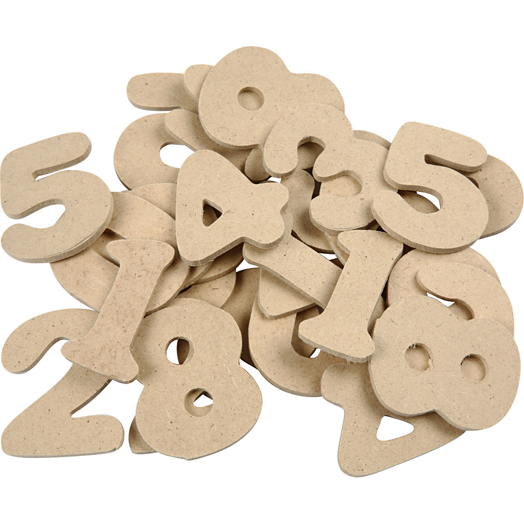 Houten cijfers, 4 cm - dikte 2.5 mm, 30 stuks (MDF)