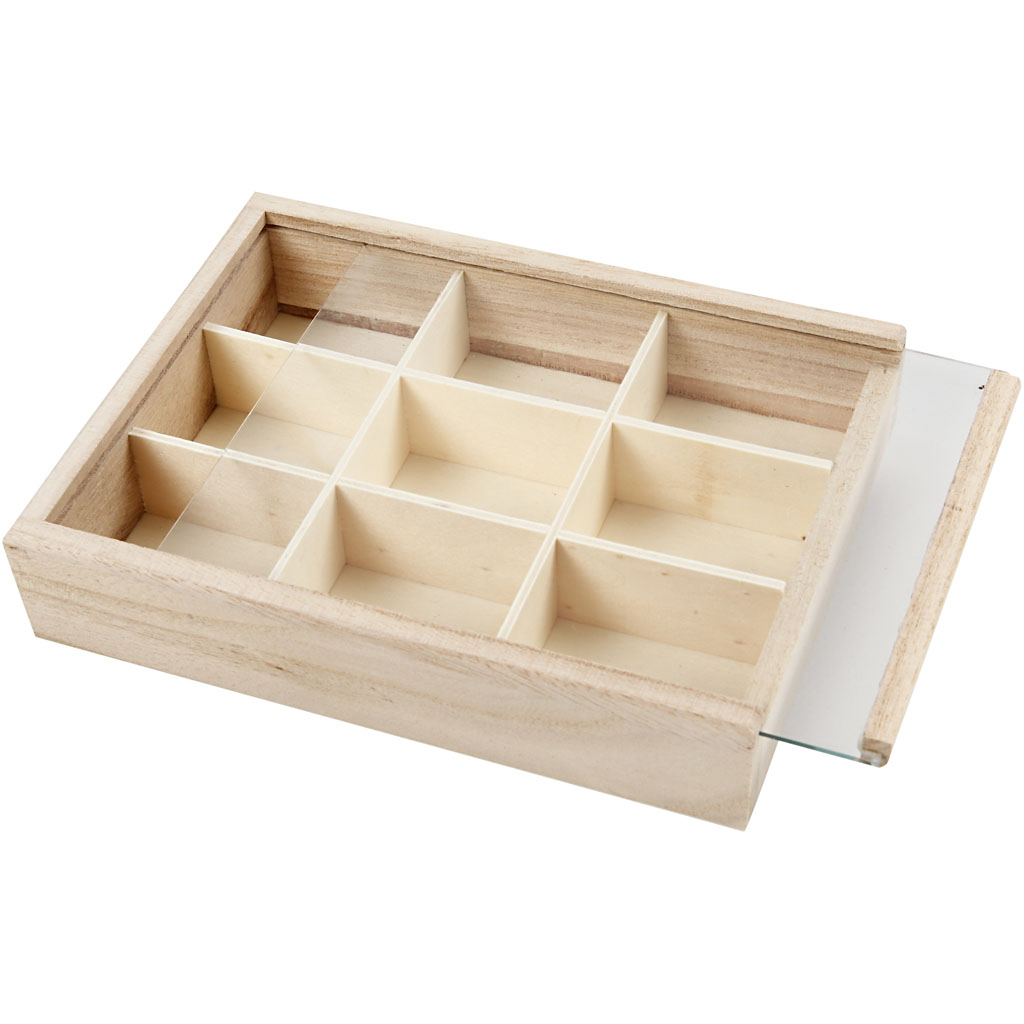 Prestentatiebox hout, met glazen schuifdeksel, 17 x 13 x 3,5 cm