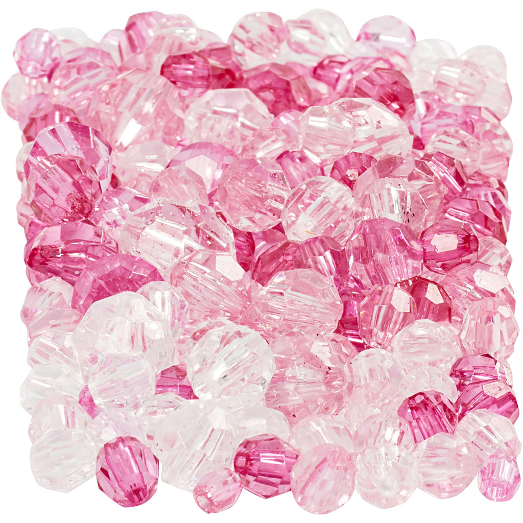 Facet glaskralen mix, d: 4-12 mm - 250 gr - Roze