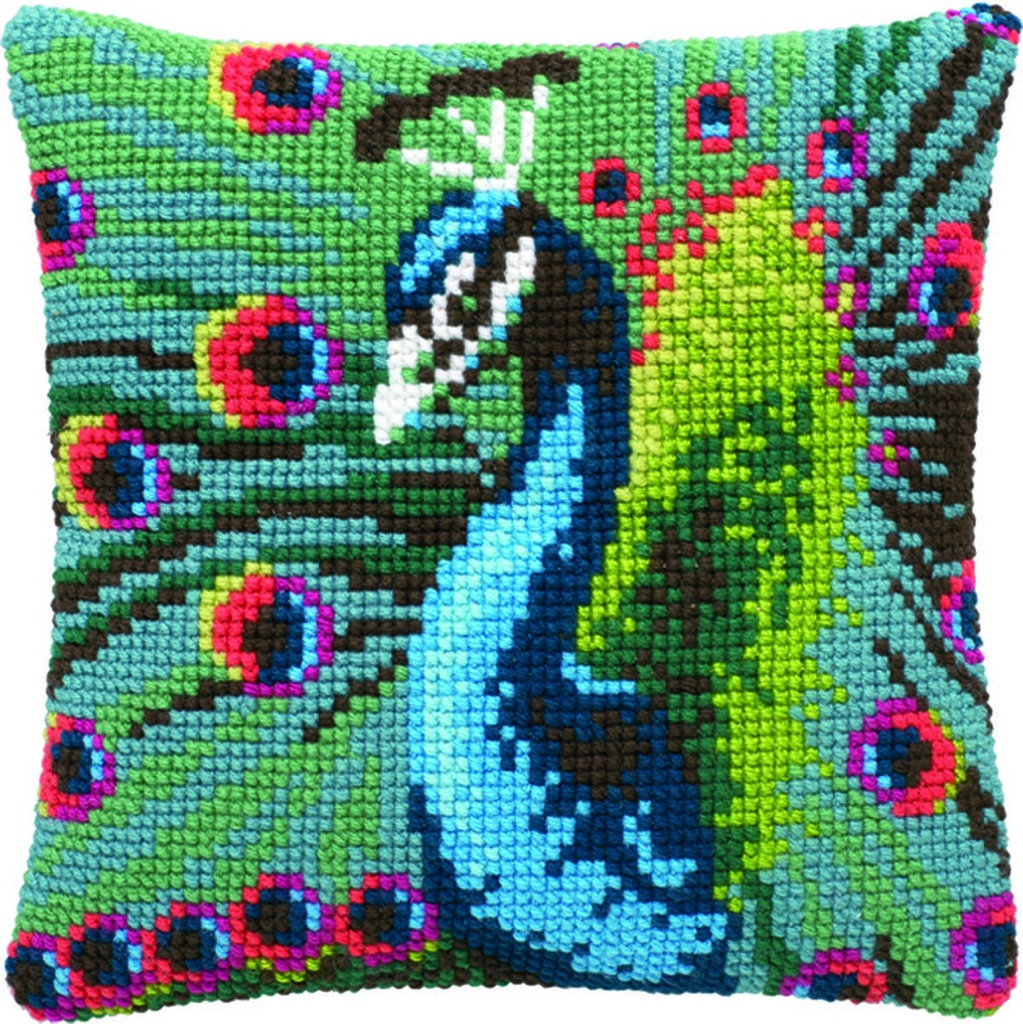 Kit coussin point de croix 40x40cm, Paon