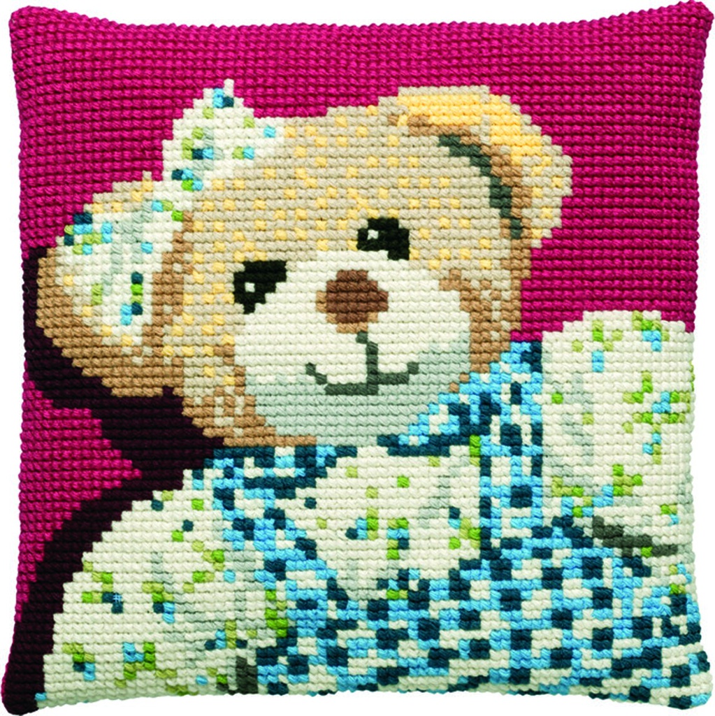 Kit coussin point de croix 40x40cm, Ourson avec noeud