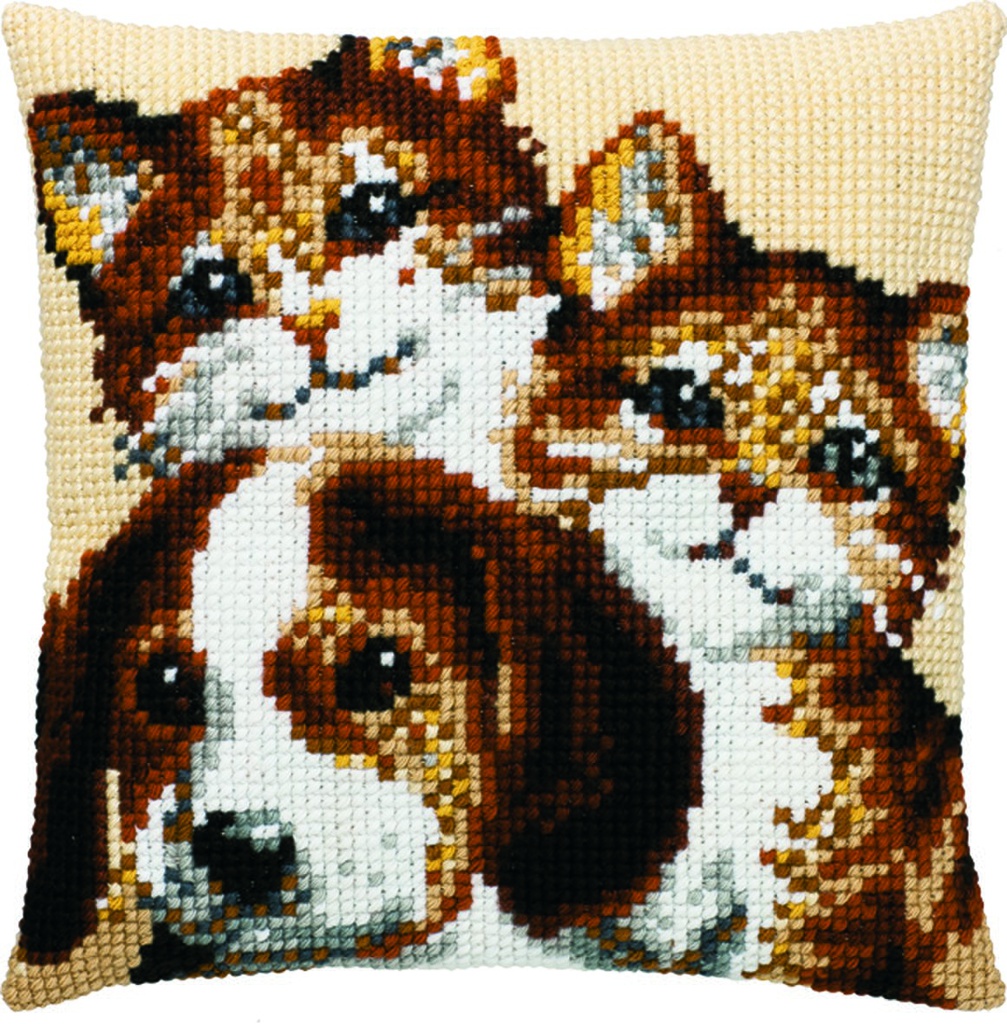 Kruissteekkussen 40x40cm, Kittens en Puppy (incl. naald en garen) 