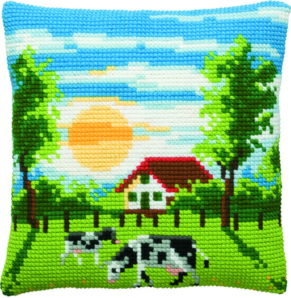 Kruissteekkussen 40x40cm, Boerderij (incl. naald en garen) 