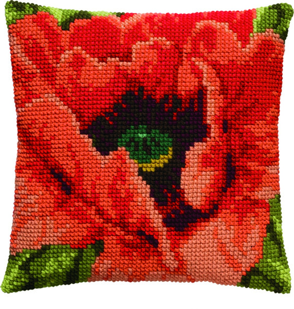 Kit coussin point de croix 40x40cm, Coquelicot