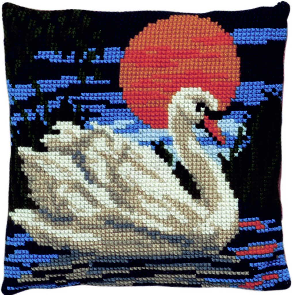 Kit coussin point de croix 40x40cm, Cygne coucher du soleil