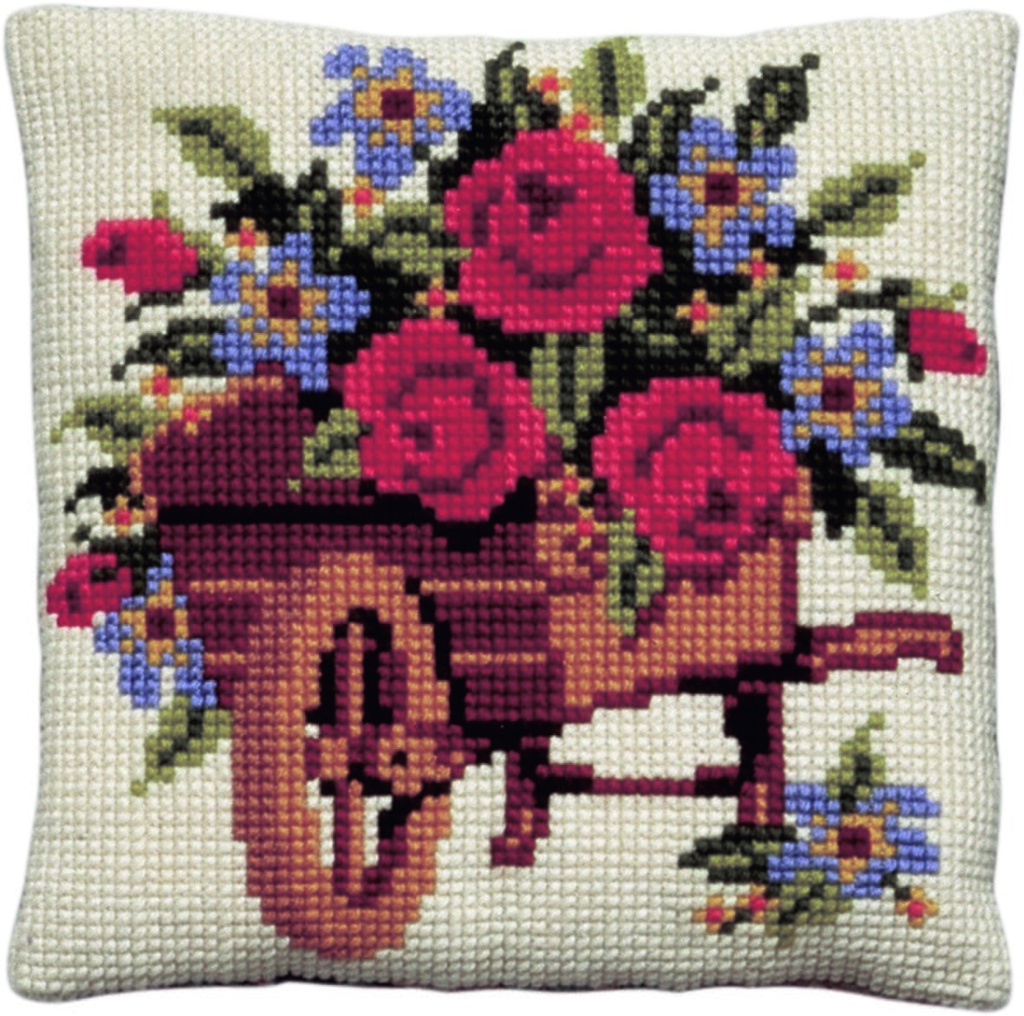 Kit coussin point de croix 40x40cm, Brouette avec fleurs