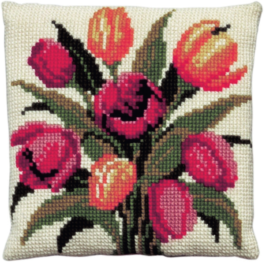 Kit coussin point de croix 40x40cm, Tulipes