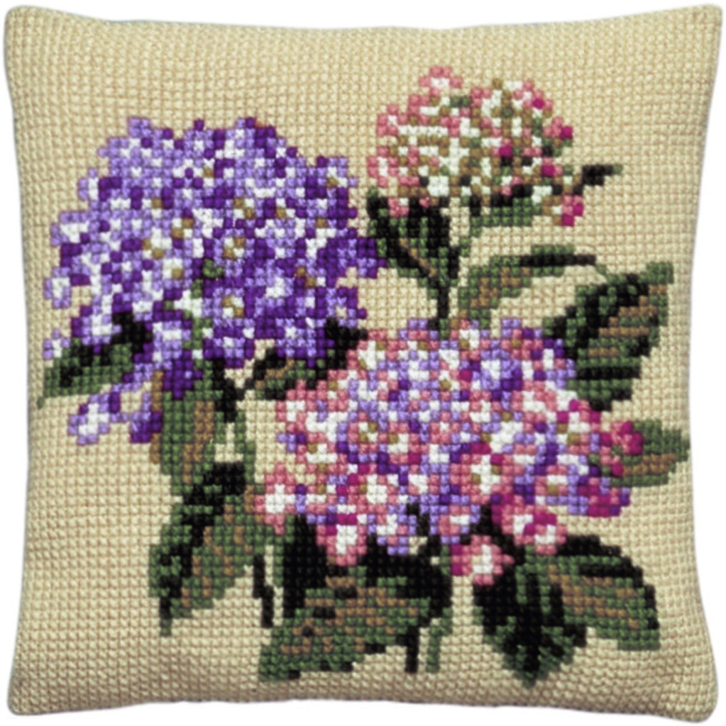 Kruissteekkussen 40x40cm, Hortensia (incl. naald en garen) 