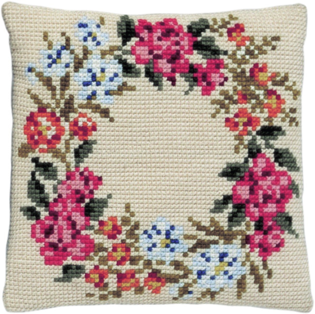 Kit coussin point de croix 40x40cm, Couronne fleurs