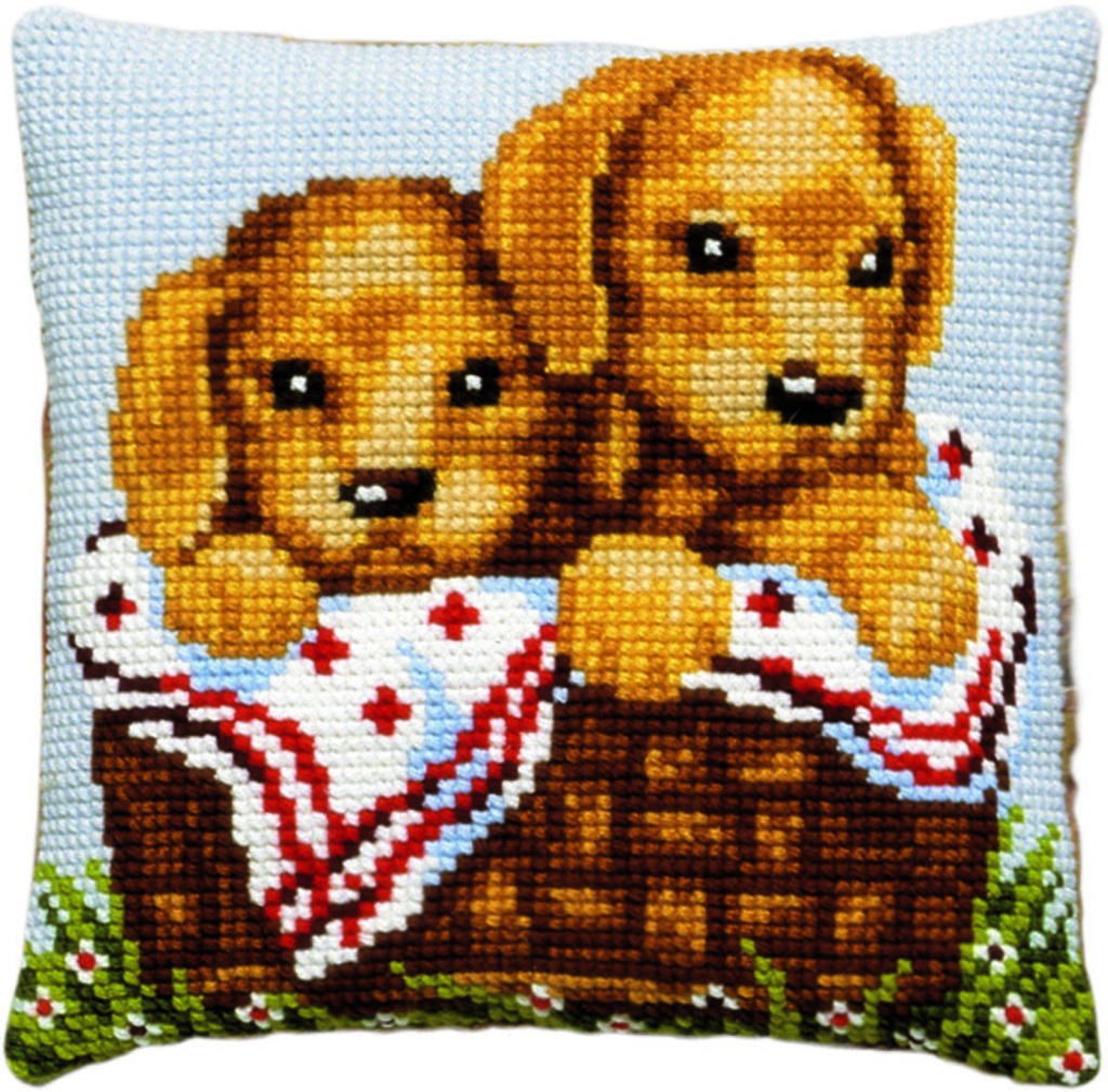 Kruissteekkussen 40x40cm, Puppy's in mand (incl. naald en garen) 