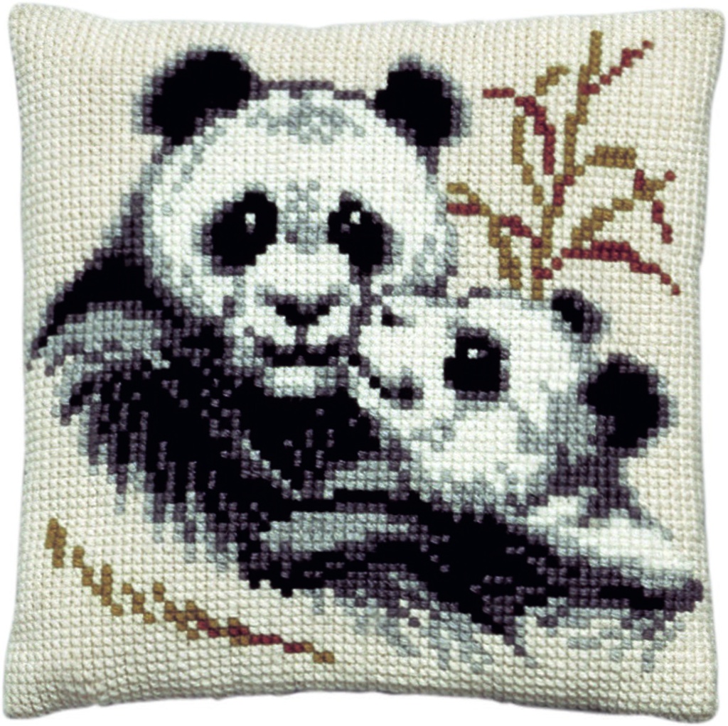 Kruissteekkussen 40x40cm, Panda's (incl. naald en garen) 