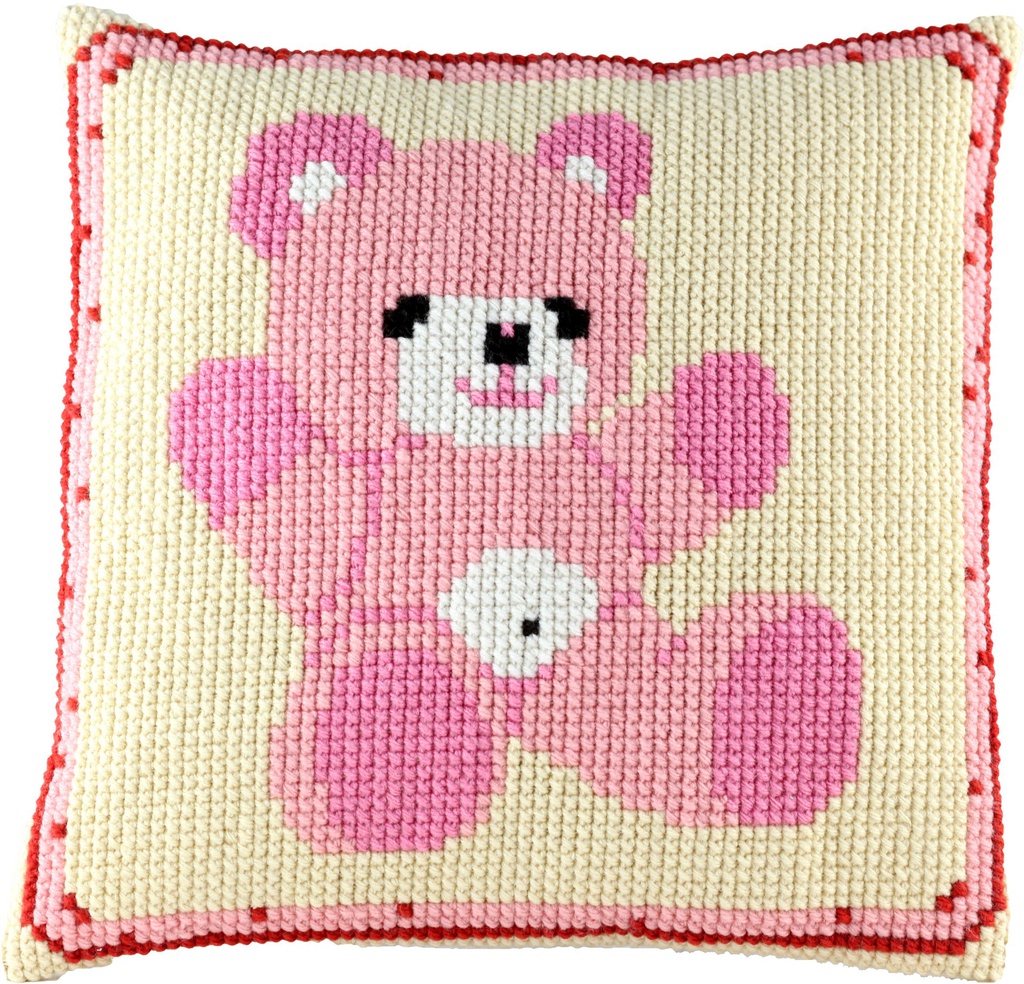 Kit coussin point de croix 40x40cm, Ourson rose