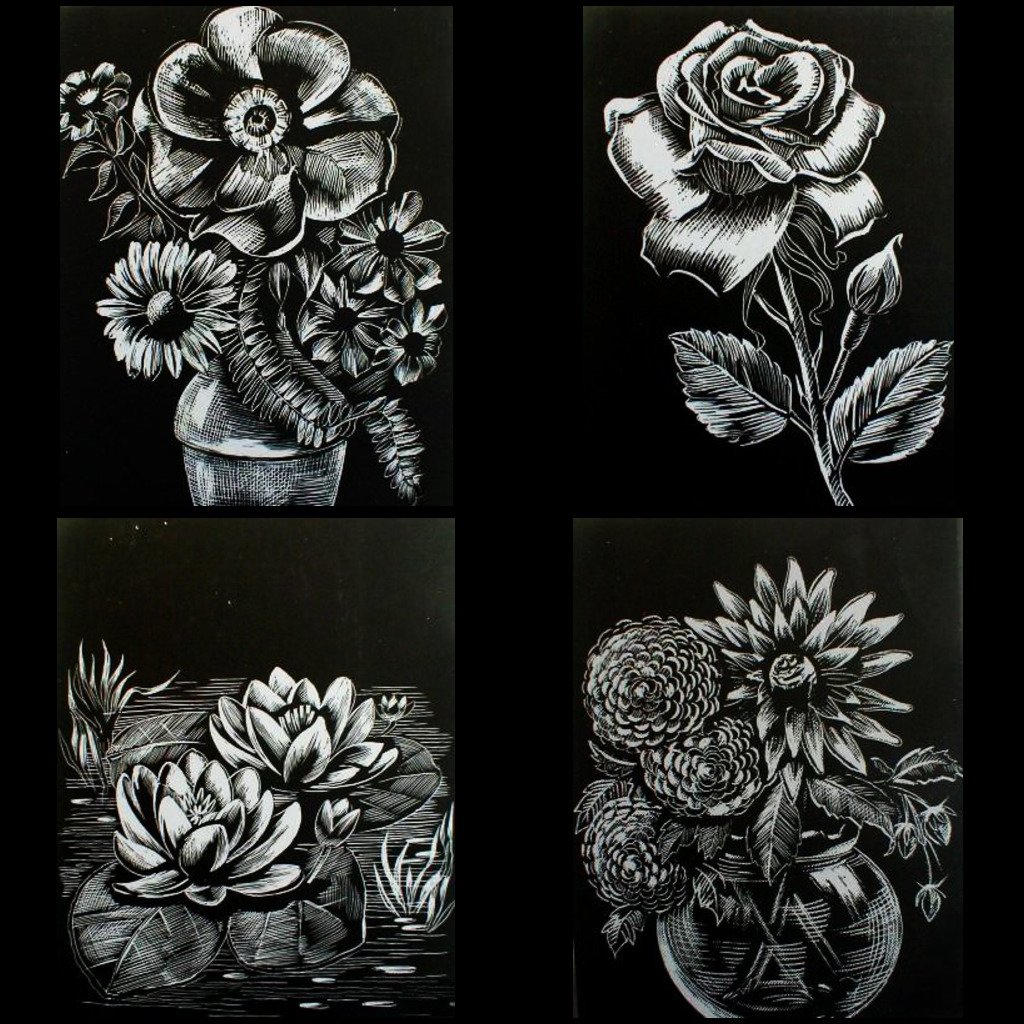 Scrapy graveerset, 4 x A4, inclusief pen, Bloemen