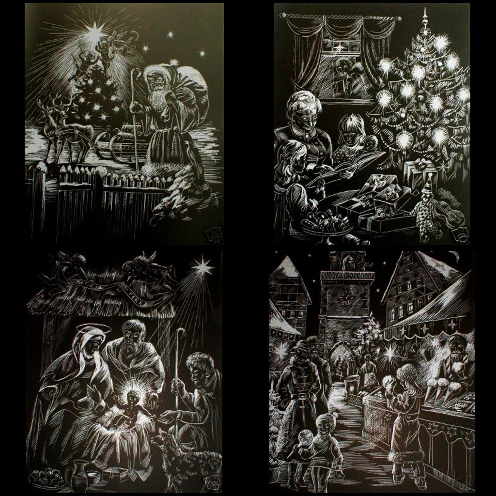 Scrapy graveerset, 4 x A4, inclusief pen, Kerst