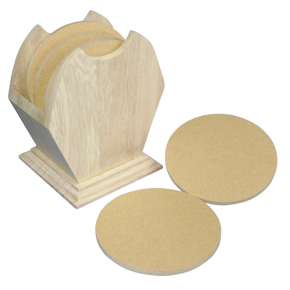 Houten box FSC Mix Credit, 10cm ø, met 6 ronde MDF-onderzetters 