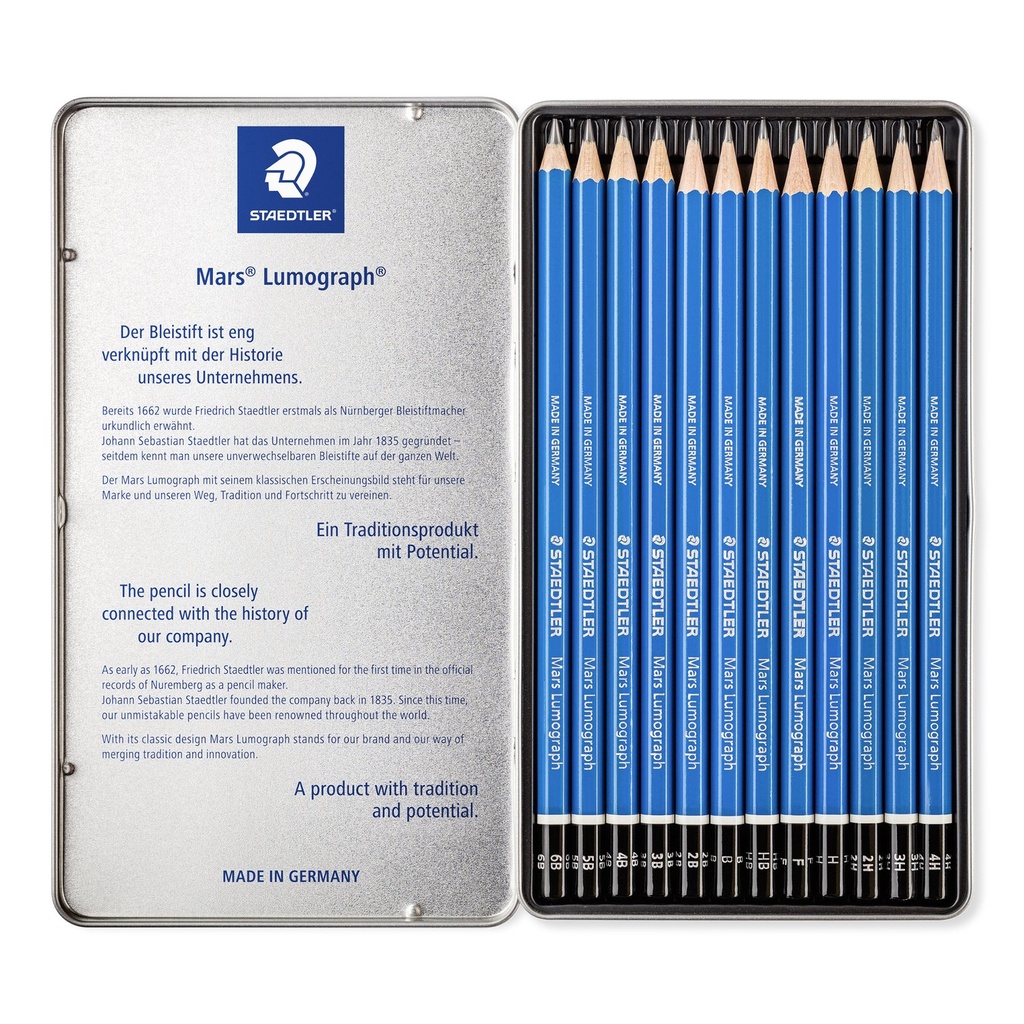 Staedtler tekenpotloden Mars Lumograph, metalen etui - 12stuks (verschillende hardheidsgraden)