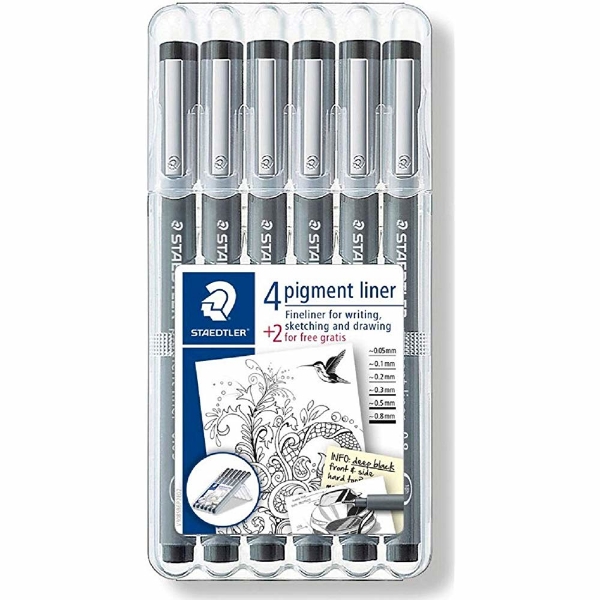 Staedtler Fineliner/Pigment-liner, Box 6stuks - zwart, Lijnbreedten (0.05/0.1/0.2/0.3/0.5/0.8mm)