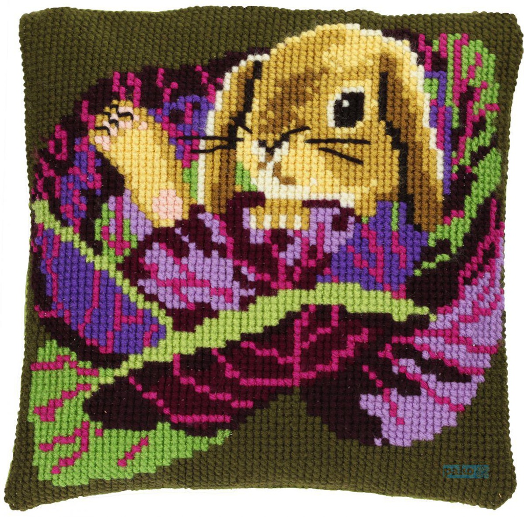 Kit coussin point de croix 40x40cm, Petit lapin dans chou rouge