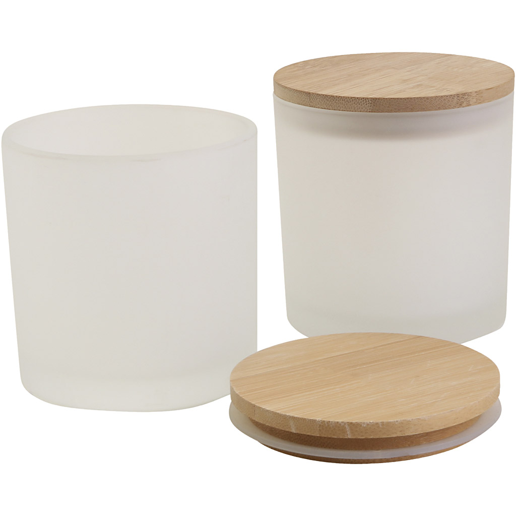 Glazen pot met houten deksels, d: 8 cm - 12 stuks