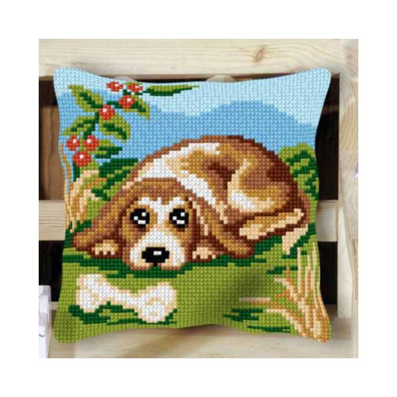 Kit Coussin Point de Croix Decoline 40x40cm, n°5 Chien avec Os