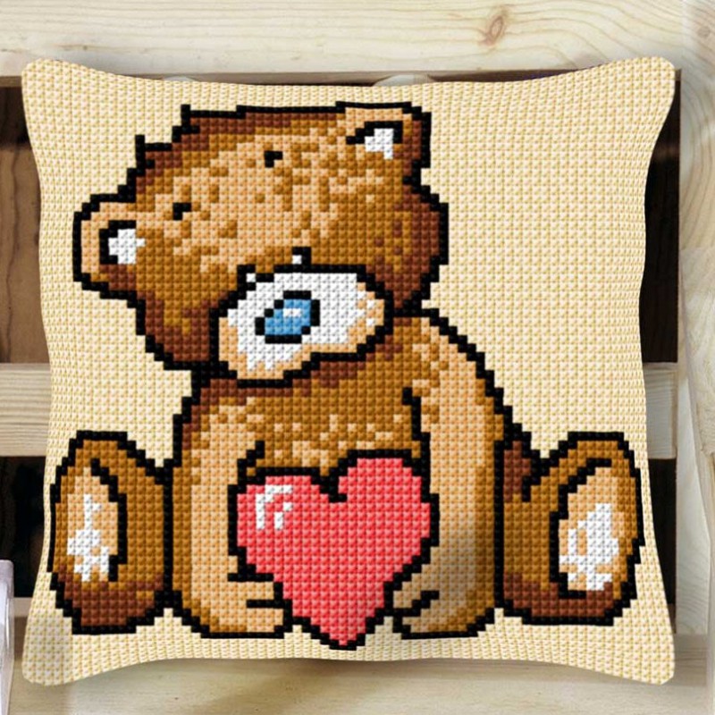 Kit Coussin Point de Croix Decoline 40x40cm, n°15 Ours avec Coeur