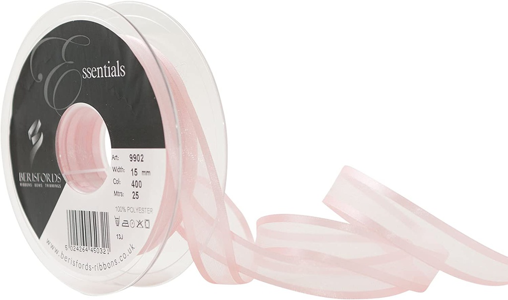 Ruban Berisfords Organza sheer elegance 15mm, rouleau 25m, rose