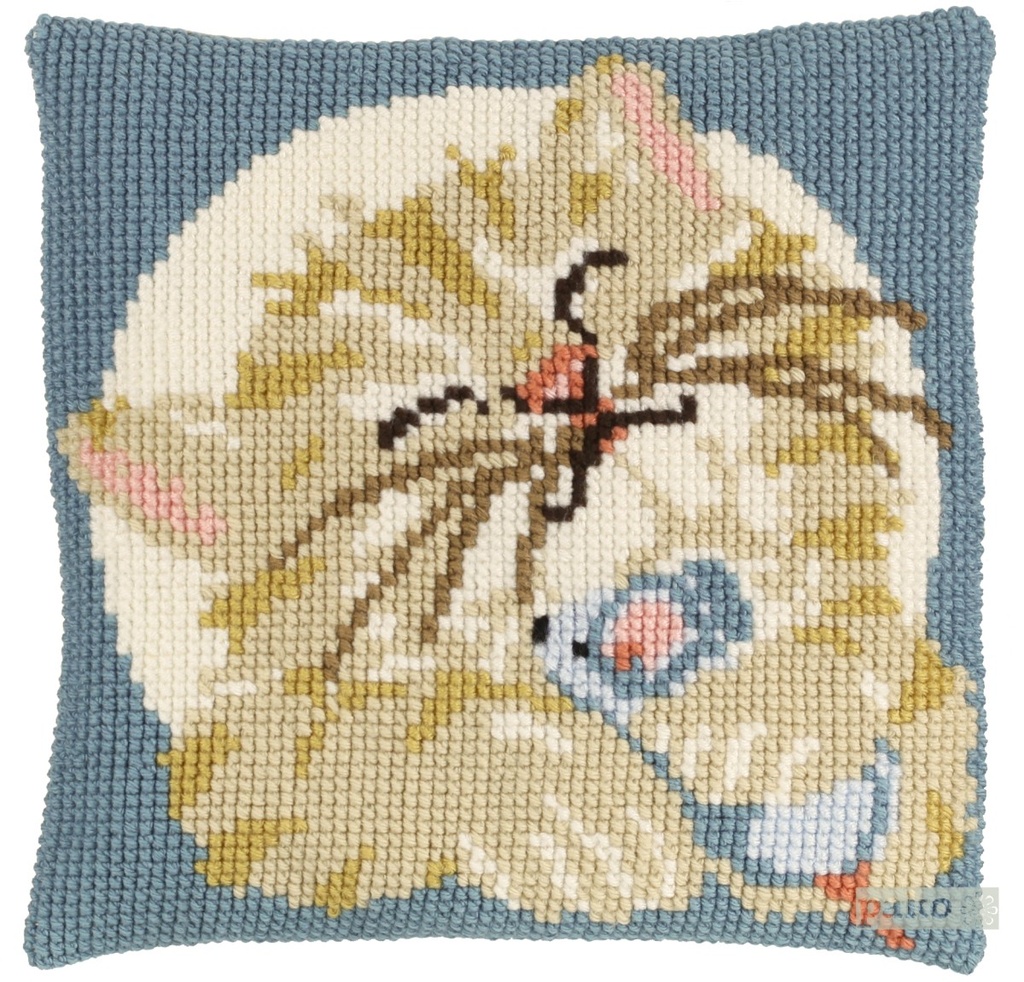 Kruissteekkussen 40x40cm, Poes met knuffelmuis (incl. naald en garen)