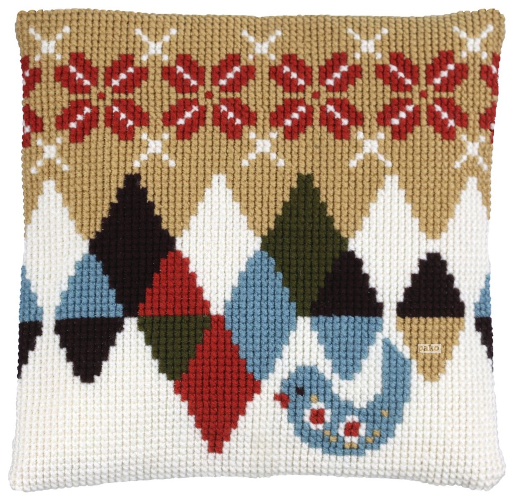 Kit coussin point de croix 40x40cm, Scandinave avec oiseau (Comprend l'aiguille et le fil)  