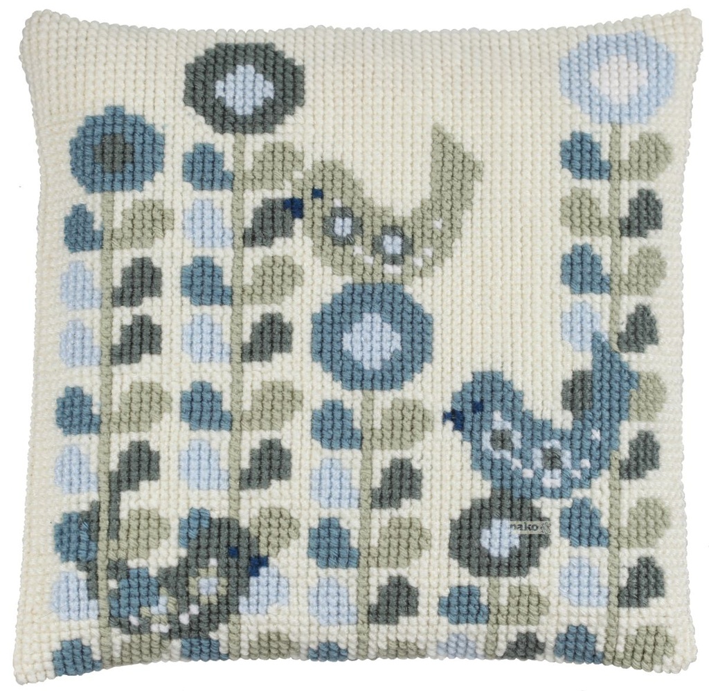 Kit coussin point de croix 40x40cm, Scandinave avec oiseau bleu (Comprend l'aiguille et le fil)  