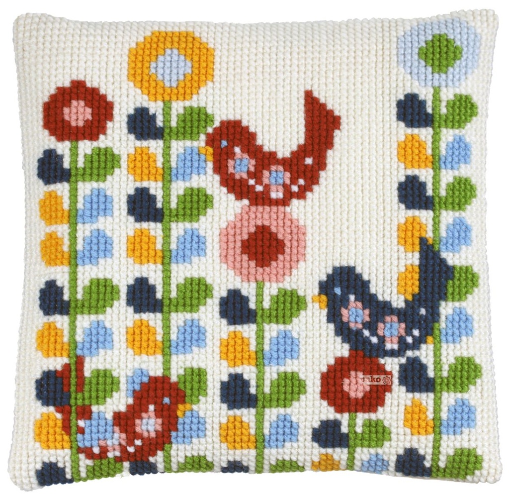 Kit coussin point de croix 40x40cm, Scandinave avec oiseau couleurs (Comprend l'aiguille et le fil)  