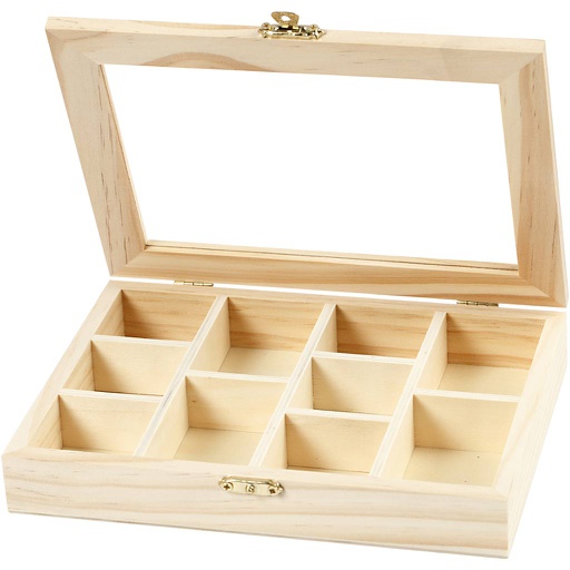 [CR56930] Presentatiebox met glazen deksel, 15.5x20.5x3.5 cm - Grenenhout