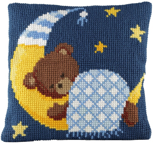 [PA4041#272] Kit coussin point de croix 40x40cm, Bonne nuit bleu