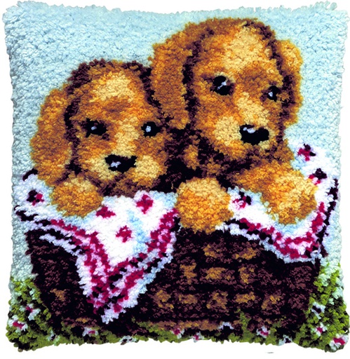 [PA4040#300] Kit à nouer 40x40cm, Chiots dan panier