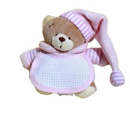 [BE017#RZ] Ours avec bavette en aida 12x11cm - Rose