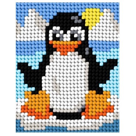 [BE1720#03] Voorgedrukt Kruissteekpakket incl garen - naald 17x20cm, Pinguin