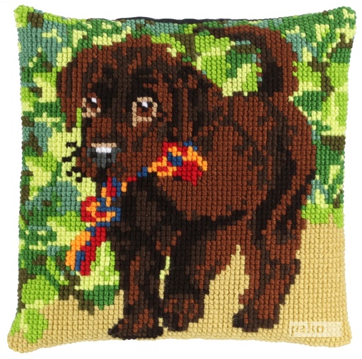 [PA4041#298] Kruissteekkussen 40x40cm, Puppy op stap (incl. naald en garen)