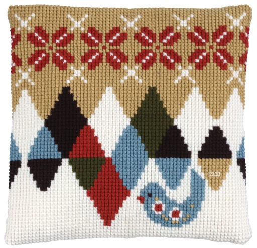 [PA4041#293] Kit coussin point de croix 40x40cm, Scandinave avec oiseau (Comprend l'aiguille et le fil)  